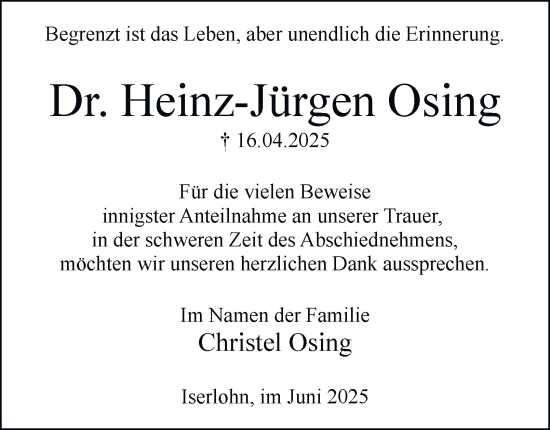 Traueranzeige von Heinz-Jürgen Osing von Tageszeitung