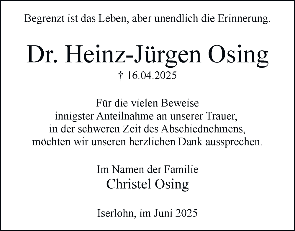  Traueranzeige für Heinz-Jürgen Osing vom 14.06.2025 aus Tageszeitung