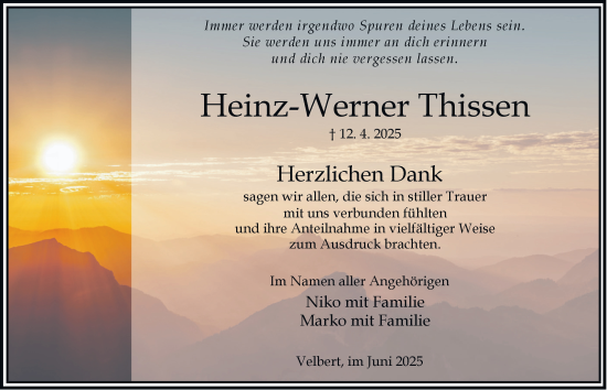 Traueranzeige von Heinz-Werner Thissen von Tageszeitung