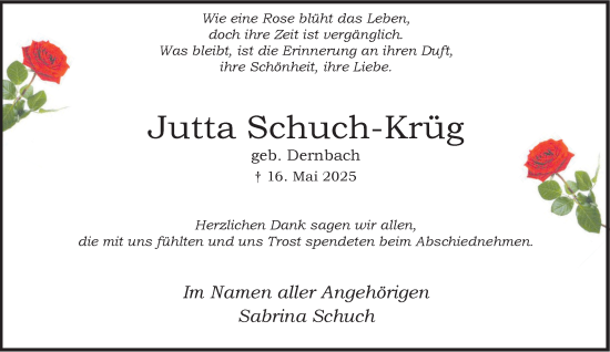 Traueranzeige von Jutta Schuch-Krüg von Tageszeitung