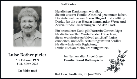 Traueranzeige von Luise Rothenpieler von Tageszeitung