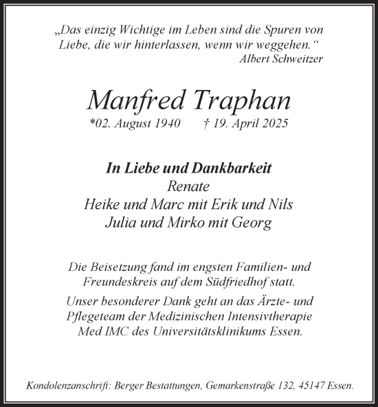 Traueranzeige von Manfred Traphan von Tageszeitung