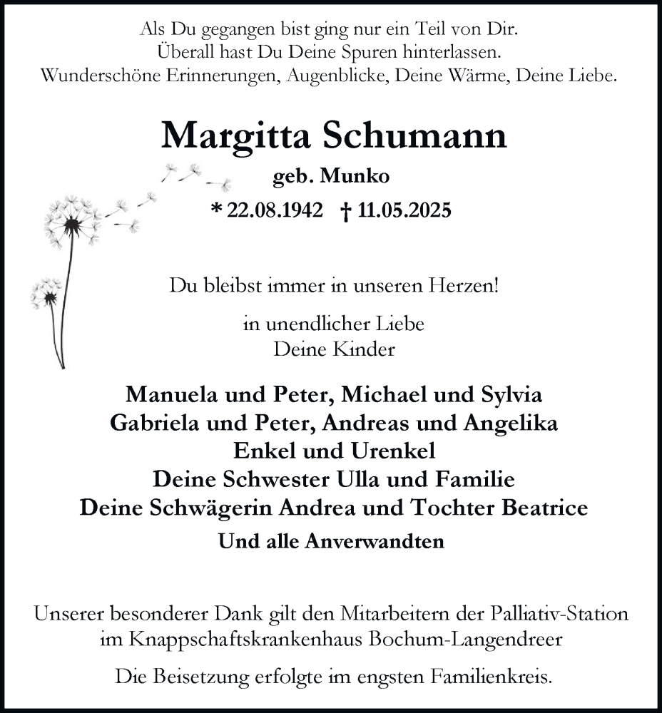  Traueranzeige für Margitta Schumann vom 07.06.2025 aus Tageszeitung