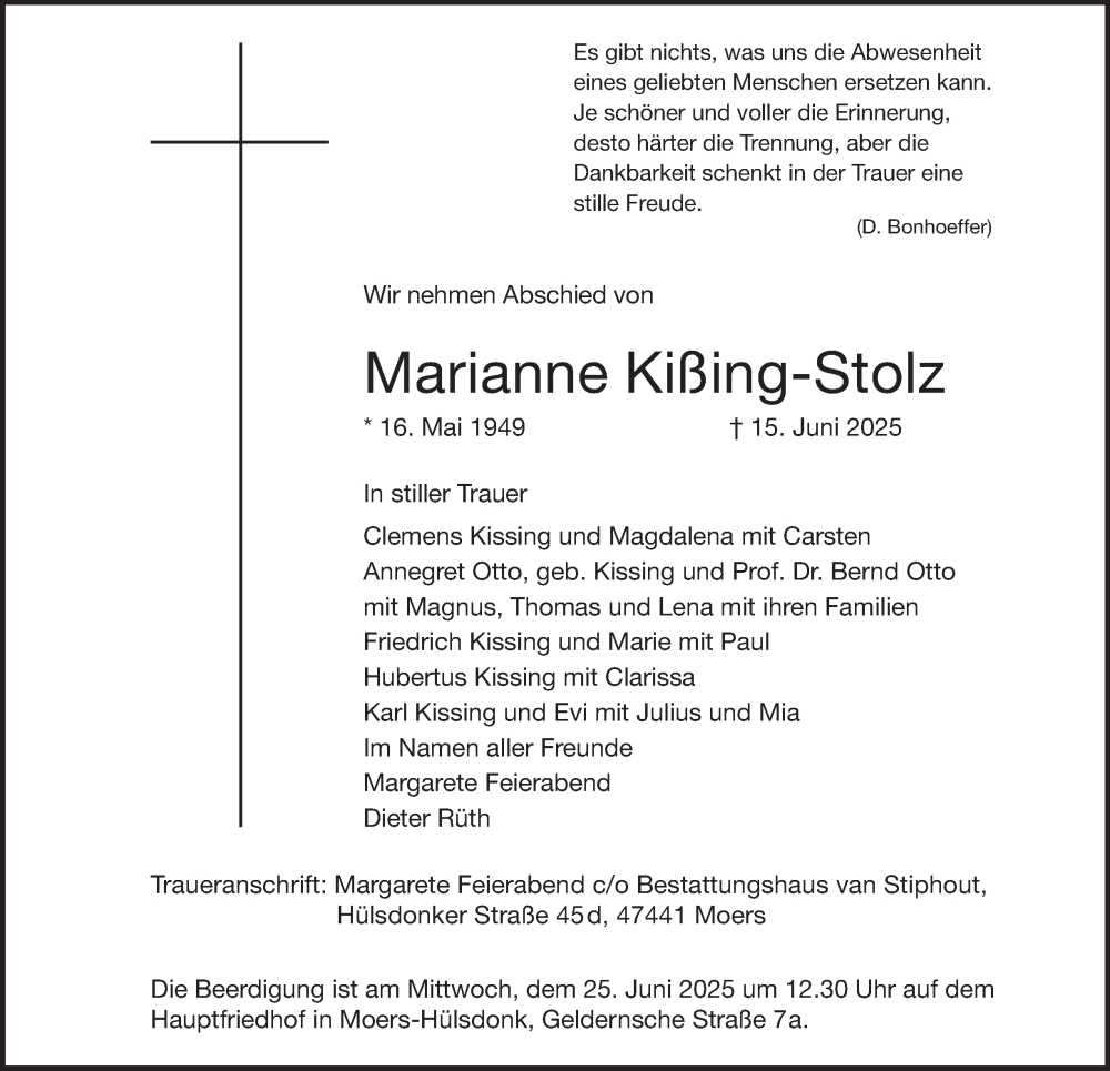  Traueranzeige für Marianne Kißing-Stolz vom 21.06.2025 aus Tageszeitung