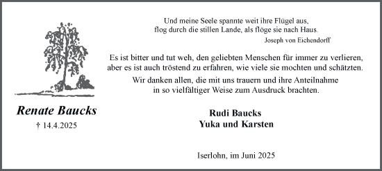 Traueranzeige von Renate Baucks von Tageszeitung