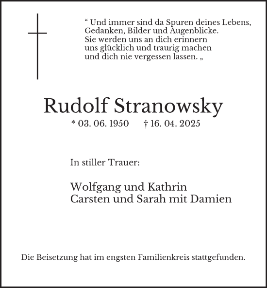 Traueranzeige von Rudolf Stranowsky von Tageszeitung