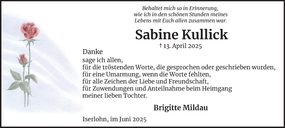  Traueranzeige für Sabine Kullick vom 07.06.2025 aus Tageszeitung