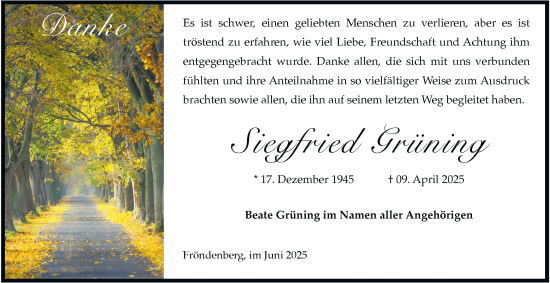 Traueranzeige von Siegfried Grüning von Tageszeitung