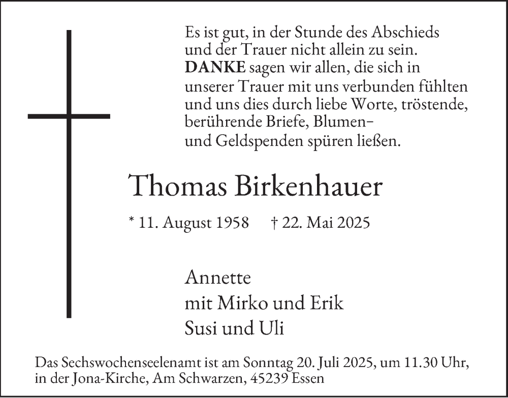  Traueranzeige für Thomas Birkenhauer vom 27.06.2025 aus Tageszeitung