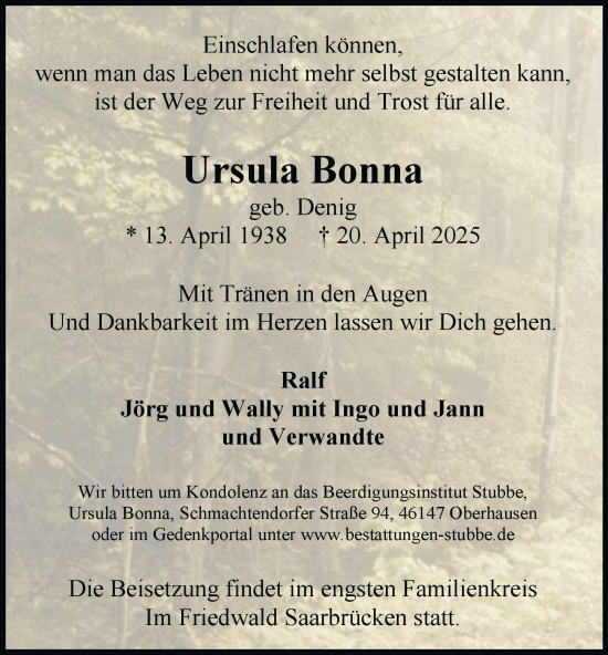 Traueranzeige von Ursula Bonna von Tageszeitung