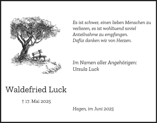 Traueranzeige von Waldefried Luck von Tageszeitung