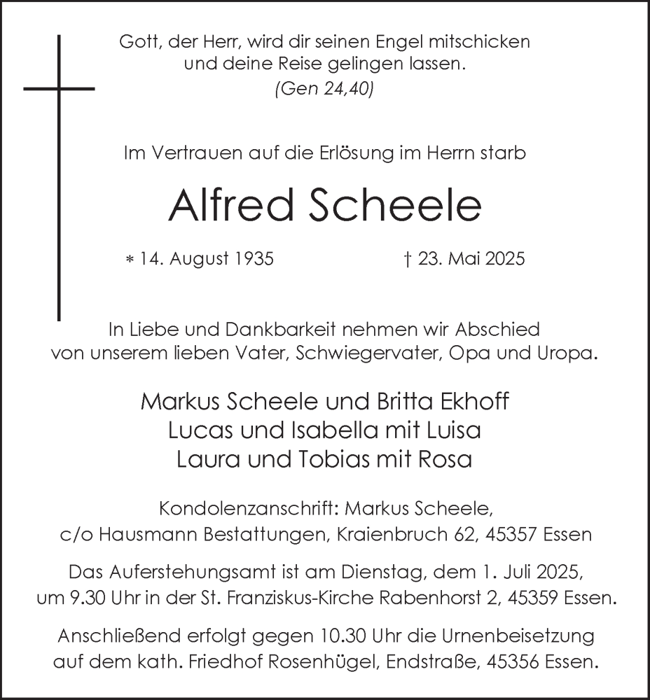  Traueranzeige für Alfred Scheele vom 28.06.2025 aus Tageszeitung