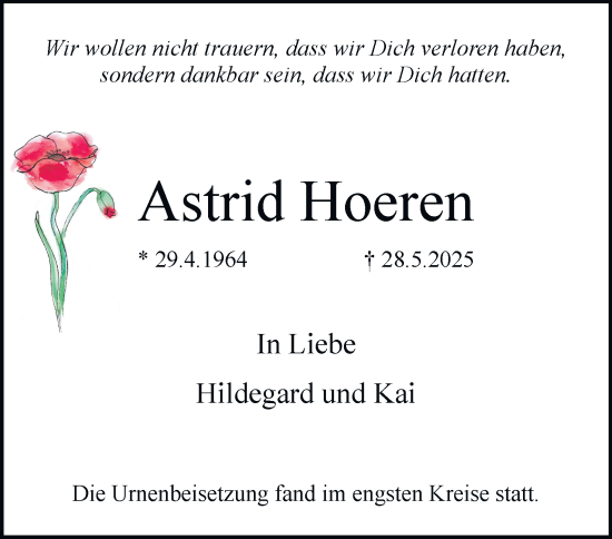 Traueranzeige von Astrid Hoeren von Tageszeitung