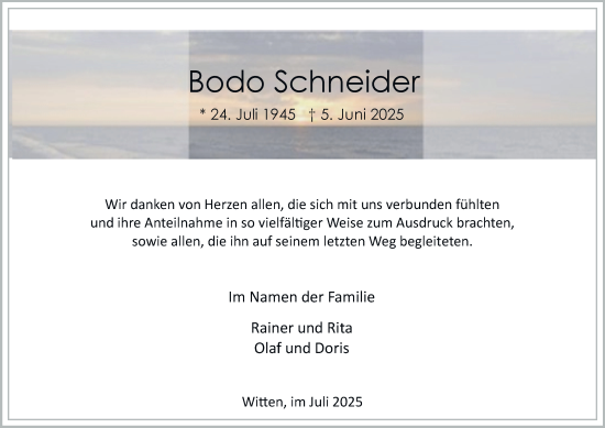 Traueranzeige von Bodo Schneider von Tageszeitung