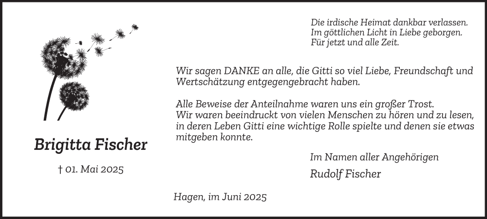  Traueranzeige für Brigitta Fischer vom 28.06.2025 aus Tageszeitung