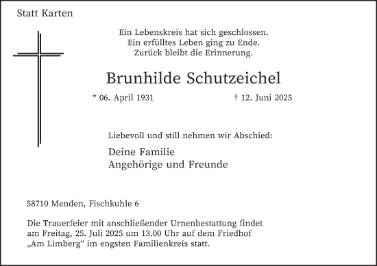 Traueranzeige von Brunhilde Schutzeichel von Tageszeitung
