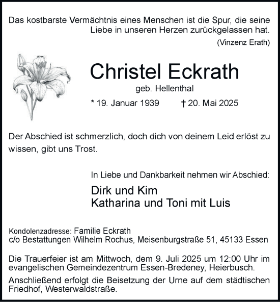 Traueranzeige von Christel Eckrath von Tageszeitung