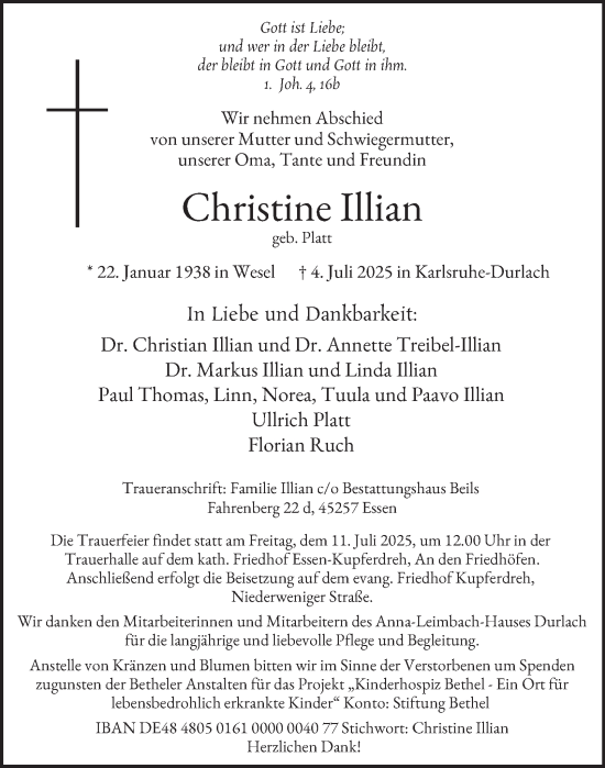 Traueranzeige von Christine Illian von Tageszeitung