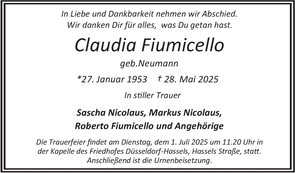  Traueranzeige für Claudia Fiumicello vom 28.06.2025 aus Tageszeitung
