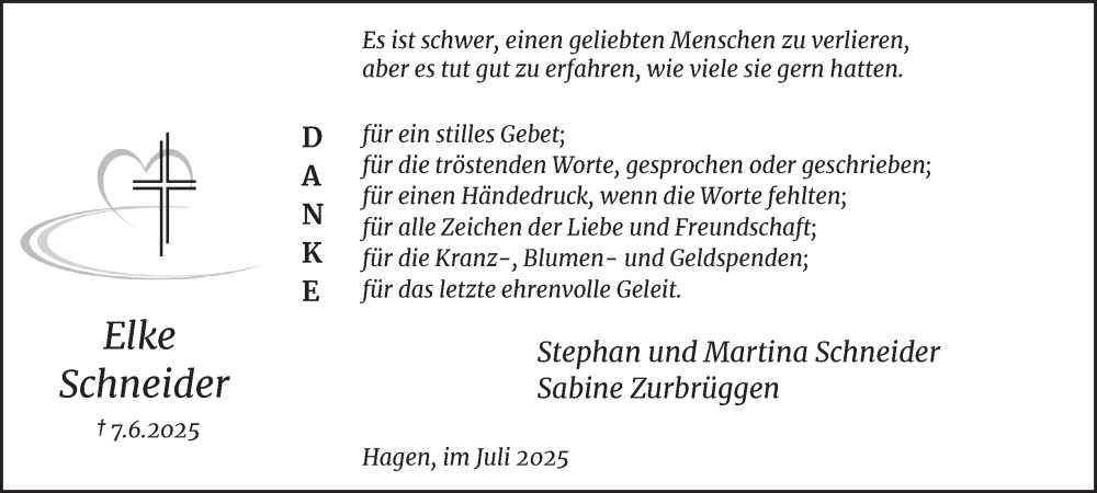  Traueranzeige für Elke Schneider vom 26.07.2025 aus Tageszeitung