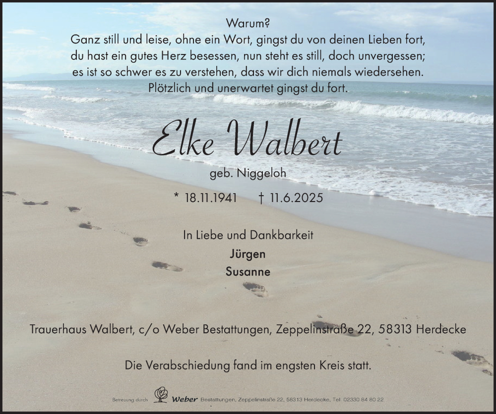  Traueranzeige für Elke Walbert vom 12.07.2025 aus Tageszeitung