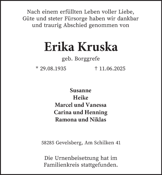 Traueranzeige von Erika Kruska von Tageszeitung