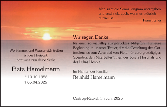 Traueranzeige von Fiete Hamelmann von Tageszeitung