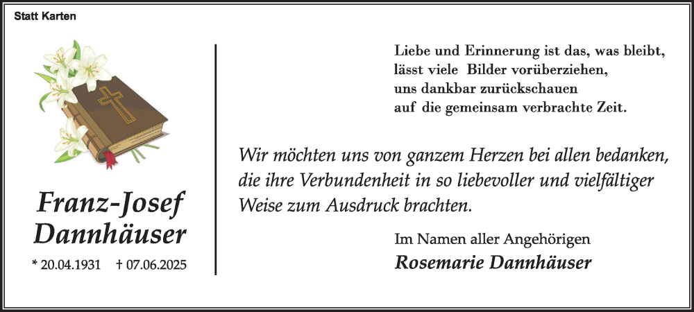  Traueranzeige für Franz-Josef Dannhäuser vom 26.07.2025 aus Tageszeitung