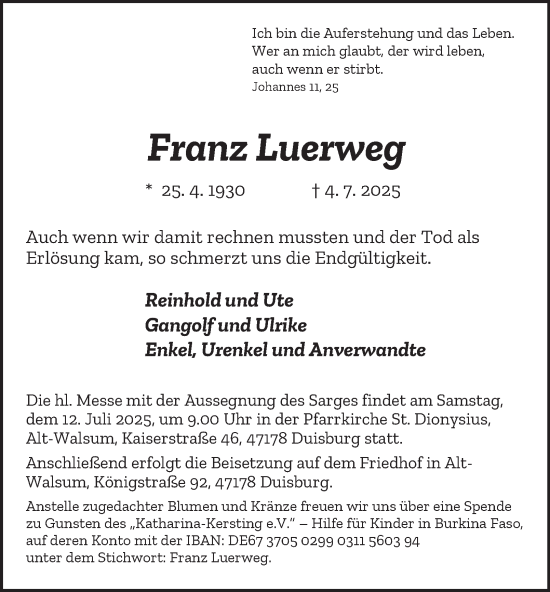 Traueranzeige von Franz Luerweg von Tageszeitung
