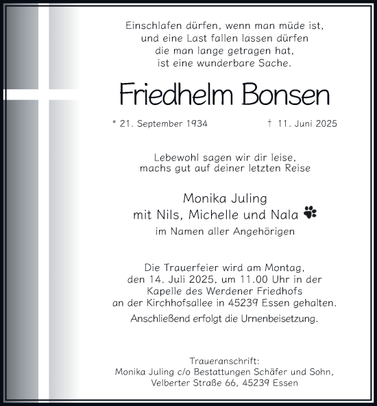Traueranzeige von Friedhelm Bonsen von Tageszeitung
