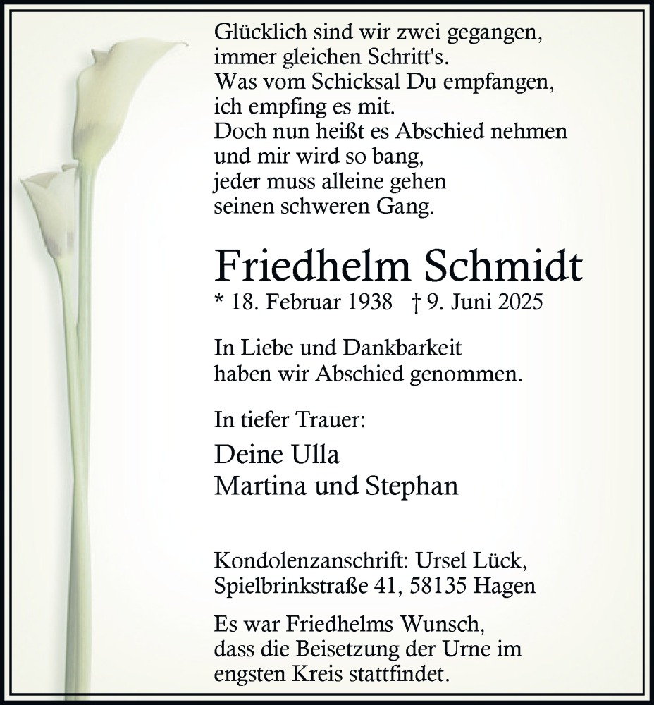  Traueranzeige für Friedhelm Schmidt vom 12.07.2025 aus Tageszeitung