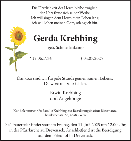 Traueranzeige von Gerda Krebbing von Tageszeitung