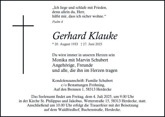Traueranzeige von Gerhard Klauke von Tageszeitung
