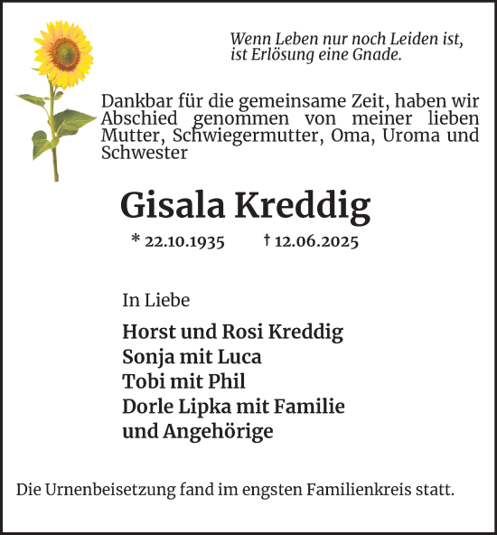 Traueranzeige von Gisala Kreddig von Tageszeitung