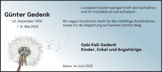 Traueranzeige von Günter Gedenk von Tageszeitung