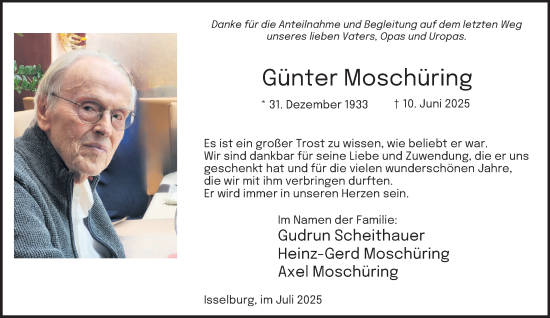Traueranzeige von Günter Moschüring von Tageszeitung