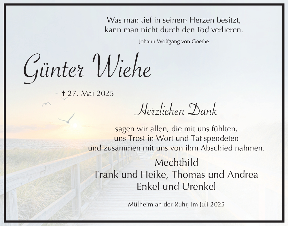  Traueranzeige für Günter Wiehe vom 26.07.2025 aus Tageszeitung