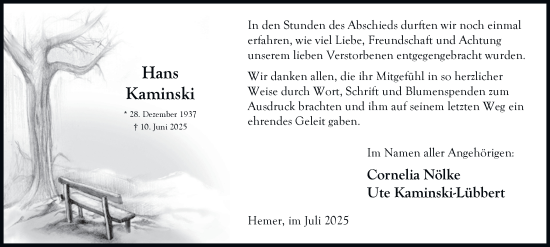 Traueranzeige von Hans Kaminski von Tageszeitung