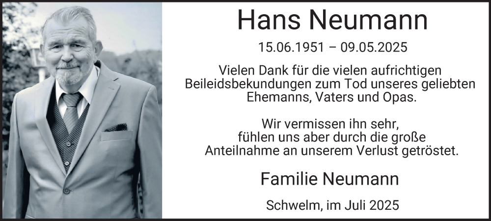  Traueranzeige für Hans Neumann vom 12.07.2025 aus Tageszeitung