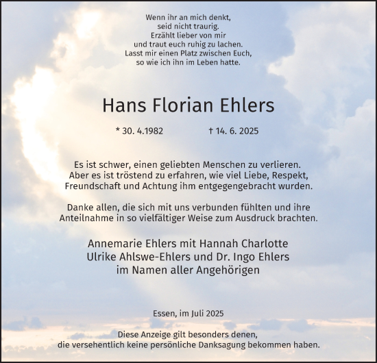 Traueranzeige von Hans Florian Ehlers von Tageszeitung