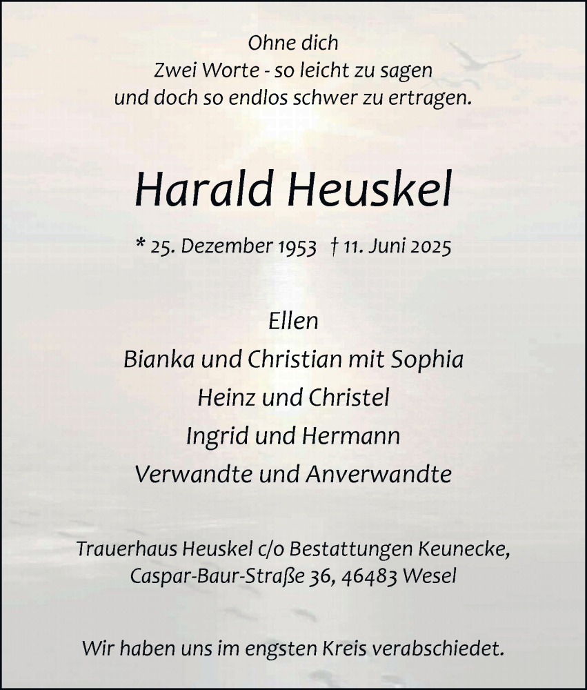  Traueranzeige für Harald Heuskel vom 19.07.2025 aus Tageszeitung