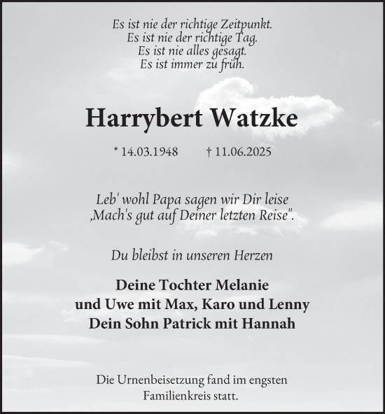 Traueranzeige von Harrybert Watzke von Tageszeitung