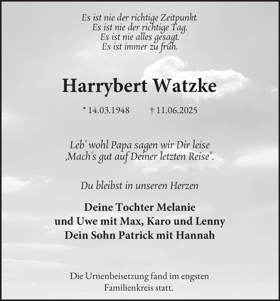  Traueranzeige für Harrybert Watzke vom 19.07.2025 aus Tageszeitung