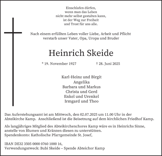 Traueranzeige von Heinrich Skeide von Tageszeitung