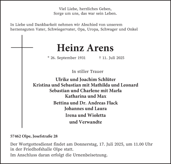 Traueranzeige von Heinz Arens von Tageszeitung