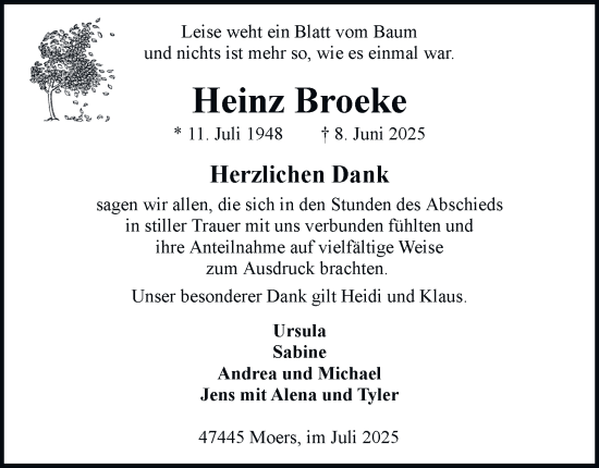 Traueranzeige von Heinz Broeke von Tageszeitung