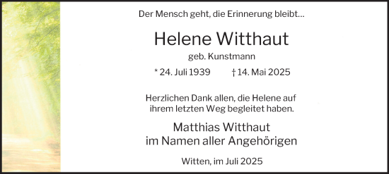 Traueranzeige von Helene Witthaut von Tageszeitung