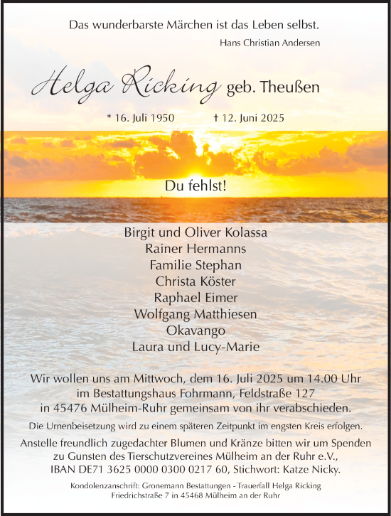 Traueranzeige von Helga Ricking von Tageszeitung