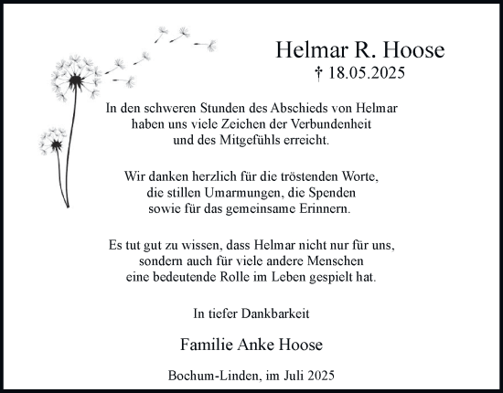 Traueranzeige von Helmar Hoose von Tageszeitung