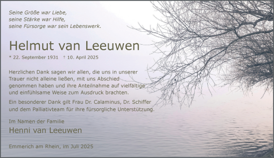 Traueranzeige von Helmut van Leeuwen von Tageszeitung